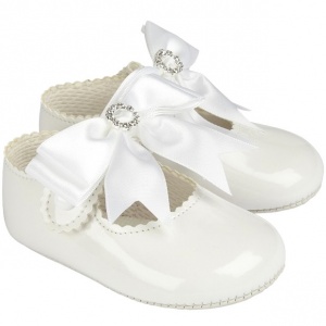 Baby Girls White Large Diamante Bow Patent Pram Shoes